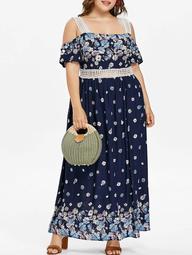 Open Shoulder Plus Size  Floral Print Maxi Dress