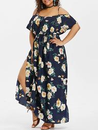 Plus Size Floral Slit Belted Dress