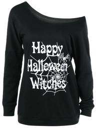 Plus Size Skew Collar Halloween Graphic T-Shirt