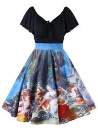 Plus Size Butterfly Sleeve Painting Vintage Dress