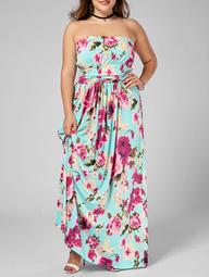Floor Length Plus Size Floral Bandeau Strapless Summer Dress