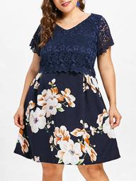 Plus Size Lace Overlay Floral Dress