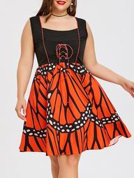 Butterfly Print Plus Size Lace-up Party Dress
