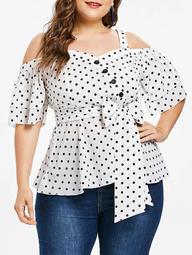 Plus Size Tiered Bell Sleeve Polka Dot Blouse