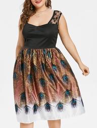Plus Size Peacock Feather Lace Insert Dress