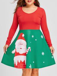 Plus Size Christmas Long Sleeve Santa Print Dress
