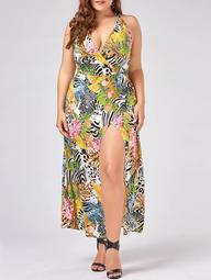 Halter Neck High Slit Plus Size Hawaiian Dress