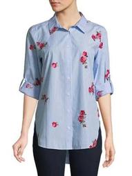 Plus Floral Embroidered Cotton Button-Down Shirt