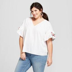 Women's Plus Size Flutter Sleeve Embroidered Blouse - Ava & Viv™ White