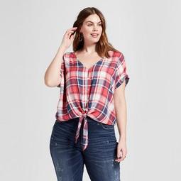 Women's Plus Size Short Sleeve Tie Front Plaid Top - Universal Thread™ Red