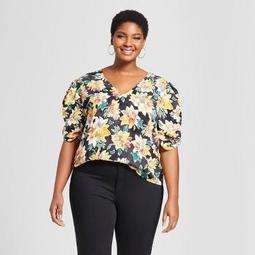 Women's Plus Size Floral Print Pleated Short Sleeve Top - Ava & Viv™ Black/Yellow