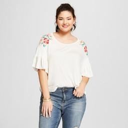 Women's Plus Size Floral Print Short Sleeve Embroidered Shoulder Knit T-Shirt - Xhilaration™ White