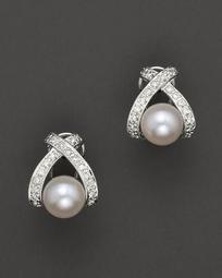 Cultured Pearl "X" Earrings with Diamonds, 7mm - 100% Exclusive