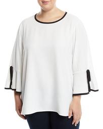 Contrast-Piped Bell-Sleeve Blouse, Plus Size