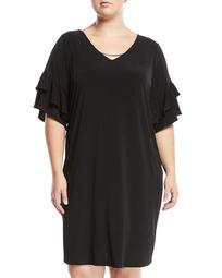 Tiered-Sleeve Necklace Shift Dress, Plus Size