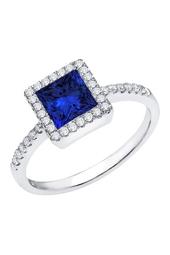 Platinum Over Sterling Silver Micro Pave Simulated Diamond & Blue Lab Sapphire Princess Halo Ring