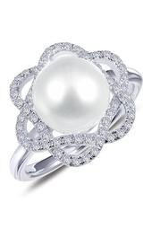 Platinum Plated Sterling Silver Simulated Diamond 8mm Freshwater Pearl Ring - Size 5