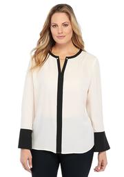 Plus Size Contrast Bell Sleeve Blouse