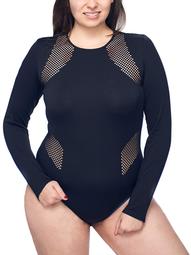 Women's Plus Active Seamless Scoop Neck Long Sleeve Bodysuit With Fish Net Detail