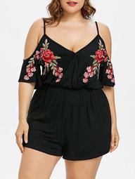 Plus Size Flare Sleeve Embroidery Romper