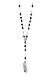 Sterling Silver Onyx Beaded Feather Pendant Y-Necklace