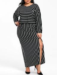 V Neck Striped Top and Slit Skirt Plus Size Suit