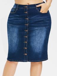 Plus Size Faded Button Up Jean Skirt