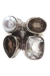 Rhodium Plated Bezel Set 7mm Pearl & Faceted Stone Ring