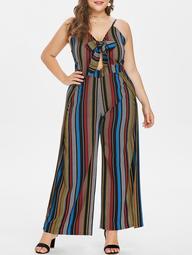 Plus Size Striped Front Knotted Jumpsuit