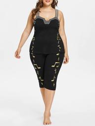 Plus Size Strappy Top and Music Notes Capri Leggings