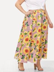 Plus Sunflower & Stripe Print Skirt