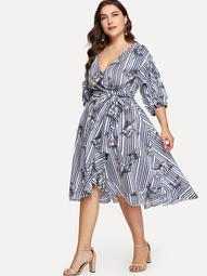 Plus Gathered Sleeve Floral & Striped Wrap Dress
