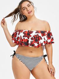 Plus Size Flowers Print Stripe Flounce Bikini