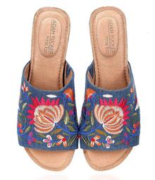Me Too Nella Floral Embroidered Denim Slip-On Cork Wedge Sandals