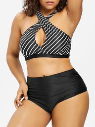 Plus Size Striped High Rise Bikini Set