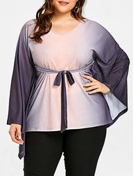 Plus Size Ombre Color Batwing Sleeve Belted Top