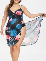 Tropical Plant Print Plus Size Beach Dress