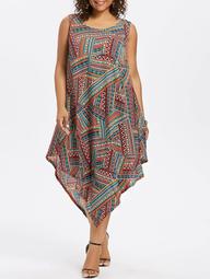 Plus Size Sleeveless Ethnic Print Asymmetrical Dress