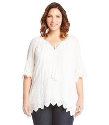 Plus Size Embroidered Border Peasant Top