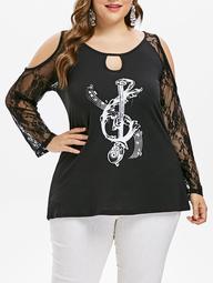 Plus Size Music Note Lace Sleeve T-shirt