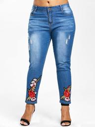 Floral Embroidery Plus Size Straight Jeans