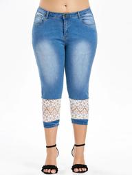 Mid Waist Plus Size Lace Panel Jeans