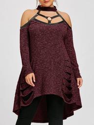 Plus Size Ripped Cold Shoulder Tunic Top