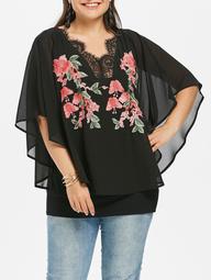ROSEGAL Plus Size Embroidery V Neck Overlay Blouse