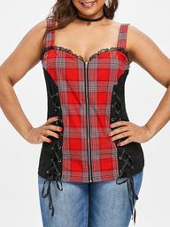 Plus Size Lace-up Plaid Sweetheart Tank Top