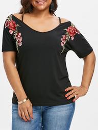 Plus Size Flower Embroidered Open Shoulder T-shirt