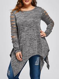Plus Size Ripped Sleeve Marled Handkerchief Top
