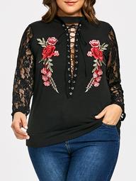 Criss Cross Floral Embroidered Plus Size Sweatshirt