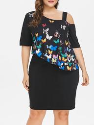 Plus Size Cold Shoulder Butterfly Overlay Dress