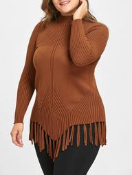 Plus Size Fringed Ribbed High Neck Sweater